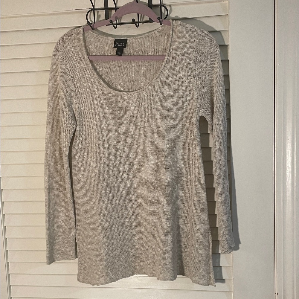 Eileen Fisher Soft Beige Subtle white Design Woven Knit Side Slit Sweater Blouse
